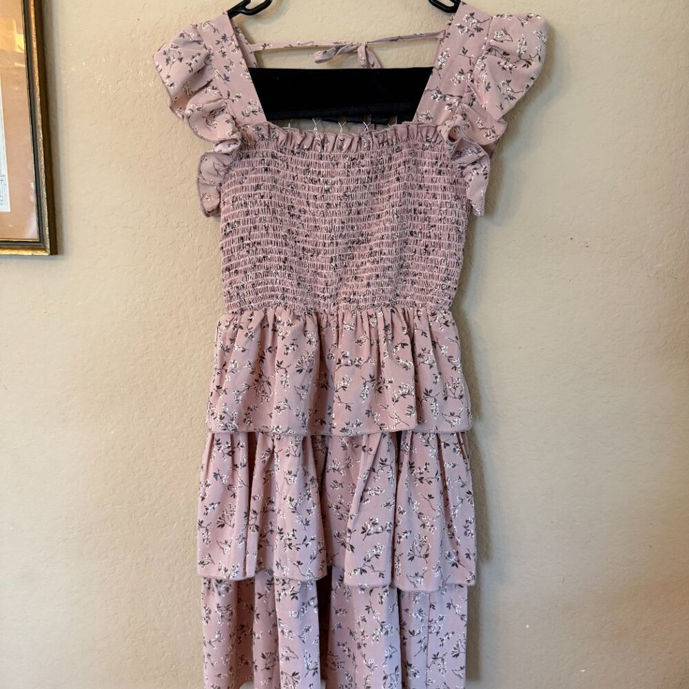 Pink Ruffle Tiered Smocked Mini Dress Boho Cottagecore Size S